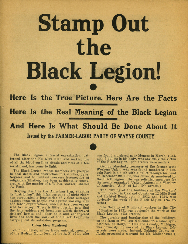 Flyer, Farmer-Labor Party of Wayne County, Black Legion, 1930s