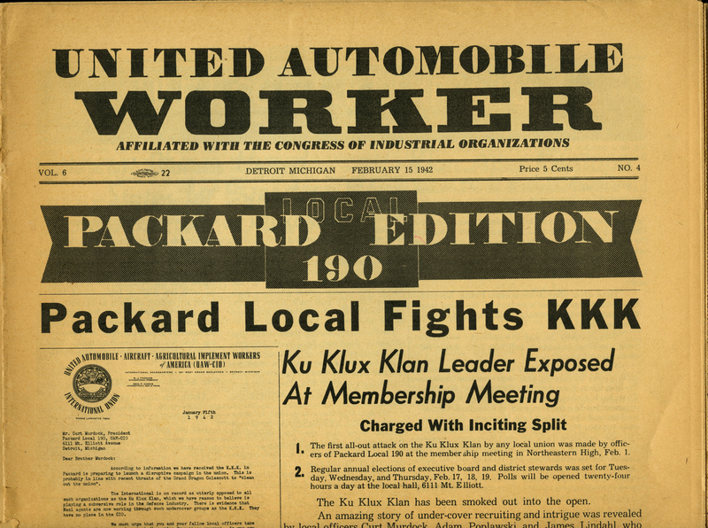 Newspaper, United Automobile Worker Packard Local 190, "Ku Klux Klan Member Exposed," 1942 